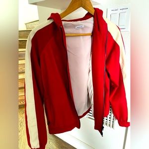 PAROSH lambskin leather - very soft trendy jacket w hood and stripe down sleeve